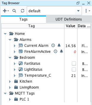 Ignition tag browser: the Home tree with alarms, per-room tags and MQTT nodes