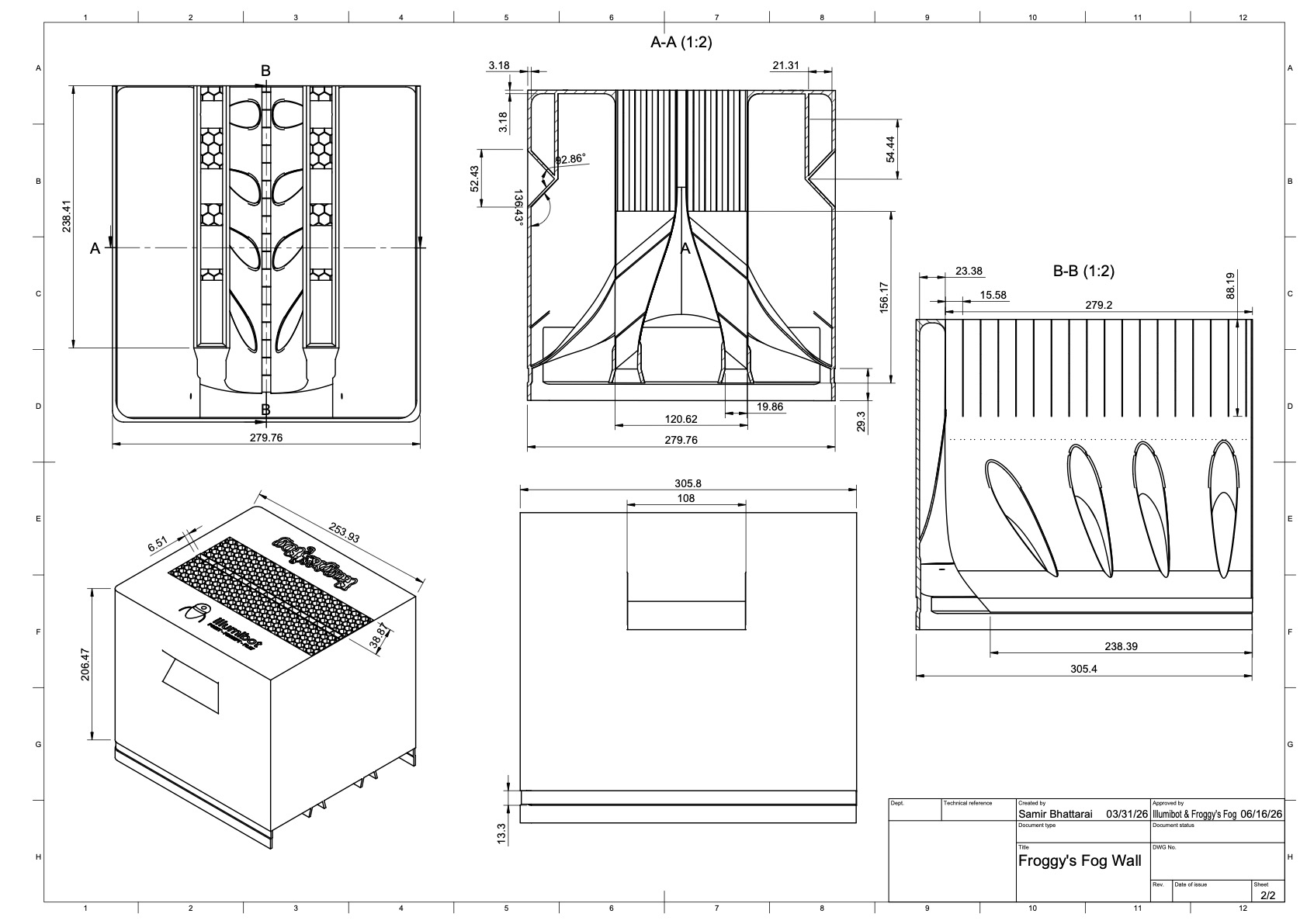 Dimensioned drawing sheet of the fog wall with A–A and B–B section cuts through the body