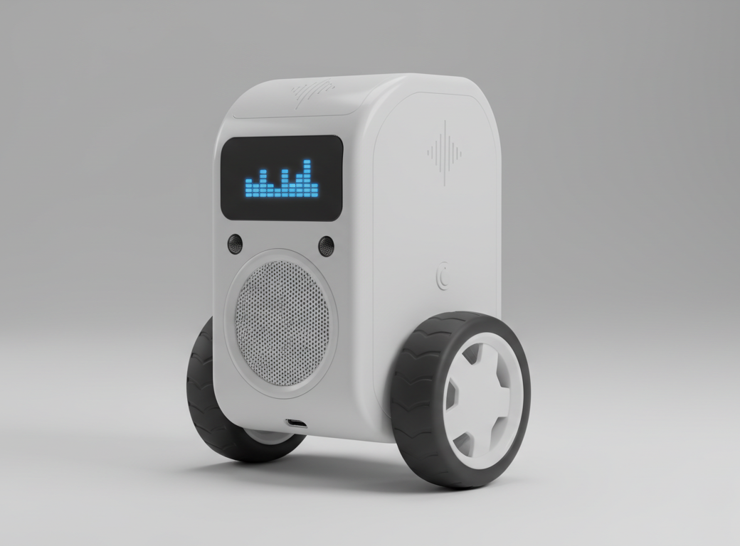 Render of the CASE robot: a rounded upright body on two wheels, with a level-meter display on its face