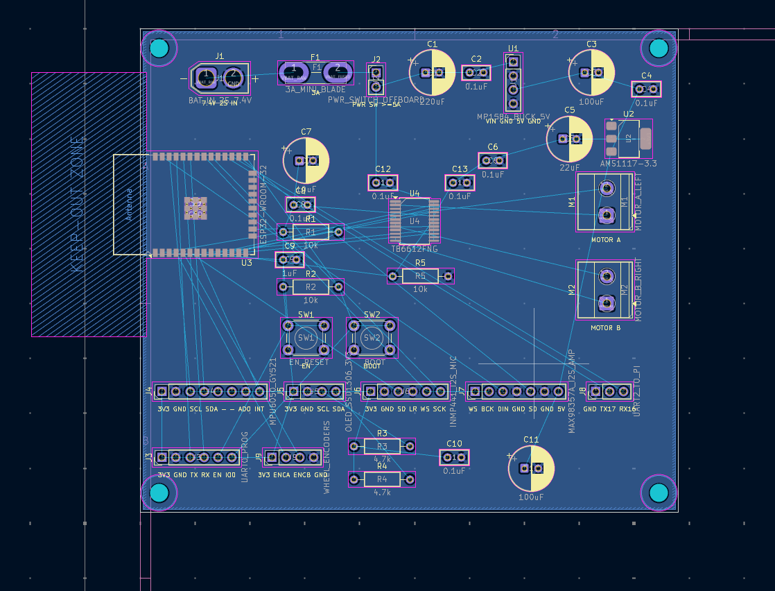 KiCad layout of the robot’s board: the ESP32-WROOM-32 against its keep-out zone, the TB6612FNG and buck regulator across the middle, and the I2C, I2S and UART headers along the bottom edge